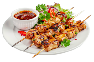 Grilled chicken kebabs on skewers with garnish. png