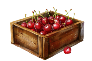 Sweet Cherries in Wooden Tray. png