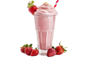 Strawberry milkshake and fresh strawberries on white background. png