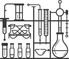 Black and white line art illustration of a laboratory with beakers flasks and tubes vector