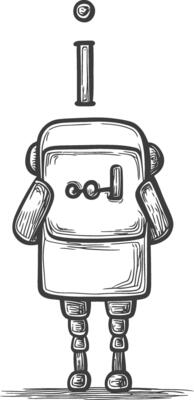 A Sketch of a Simple Robot with an Exclamation Point Above Its Head