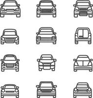 Set of nine outline icons of different types of cars viewed from the front vector