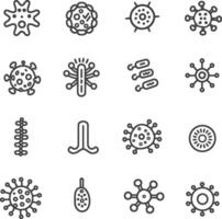 Set of 16 Line Icons Illustrating Different Types of Viruses and Bacteria vector
