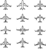 Set of twelve airplane icons in a simple line style vector