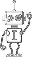 Line Drawing of a Cartoon Robot Waving with a I on its Chest vector