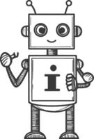 Hand drawn sketch of a friendly robot with an information symbol vector