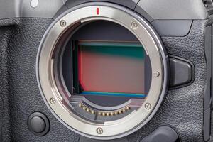 professional mirrorless camera body with exposed sensor full-frame closeup view photo
