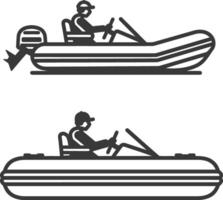 Two boats with people in them, one is on the water and the other is on the land vector