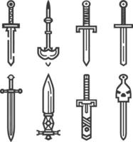 Sword and dagger icons set, line art style vector