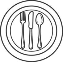 A black and white illustration of a knife and fork on a plate vector