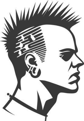 A man with a mohawk and spikey hair is shown in silhouette