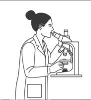 A woman in a lab coat is looking through a microscope vector