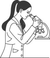 A woman in a lab coat looking through a microscope vector