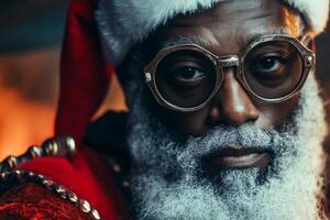 Close up of festive African American man in Santa Claus costume with glasses and deep expression photo
