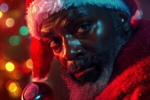 A close-up portrait of a man in a Santa costume against a colorful holiday backdrop during winter festivities photo