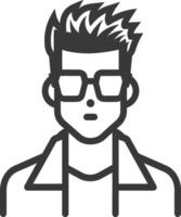 A man with glasses and a mohawk is shown in a black and white line icon vector