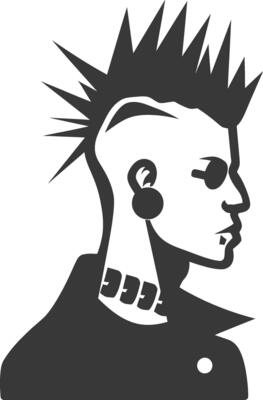 A silhouette of a man with a mohawk and a tattoo