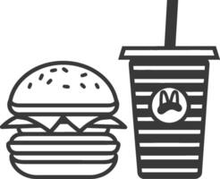 A hamburger and a drink are shown in a black and white illustration vector