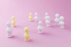 Colorful figures connect with lines on a pink background, illustrating communication and collaboration among people photo
