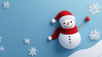 Cheerful snowman with a red hat and scarf surrounded by snowflakes on a blue background during the winter holiday season photo