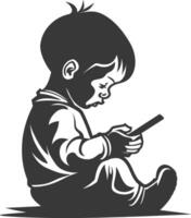 A black and white silhouette of a child sitting on the floor with a cell phone vector