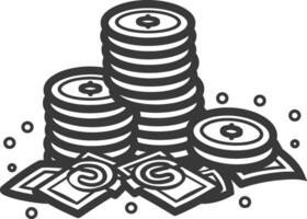 A black and white illustration of a stack of coins and money vector