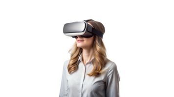Woman exploring virtual reality with a VR headset png