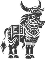 A black and white illustration of a bull with tribal patterns vector