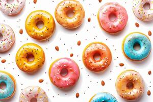 Collection of round donut doughnut, glazed sprinkles set, top view on white background cutout file. Many assorted different. Mockup template for artwork photo