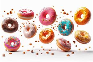 Collection of round donut doughnut, glazed sprinkles set, top view on white background cutout file. Many assorted different. Mockup template for artwork photo