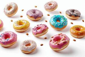 Collection of round donut doughnut, glazed sprinkles set, top view on white background cutout file. Many assorted different. Mockup template for artwork photo