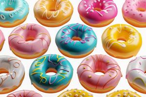 Collection of round donut doughnut, glazed sprinkles set, top view on white background cutout file. Many assorted different. Mockup template for artwork photo