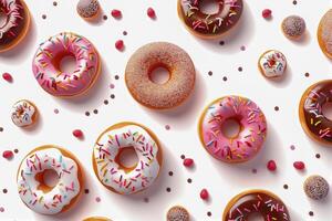 Collection of round donut doughnut, glazed sprinkles set, top view on white background cutout file. Many assorted different. Mockup template for artwork photo