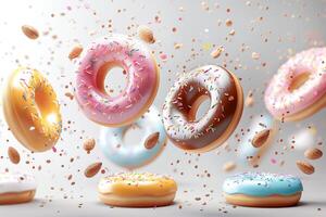 Collection of round donut doughnut, glazed sprinkles set, top view on white background cutout file. Many assorted different. Mockup template for artwork photo