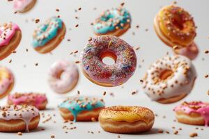 Collection of round donut doughnut, glazed sprinkles set, top view on white background cutout file. Many assorted different. Mockup template for artwork photo