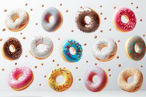 Collection of round donut doughnut, glazed sprinkles set, top view on white background cutout file. Many assorted different. Mockup template for artwork photo
