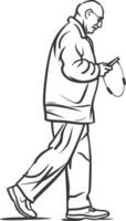 An old man walking with a cell phone in his hand vector