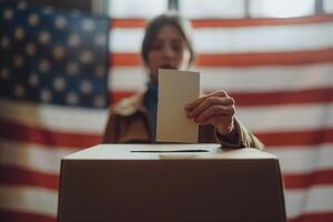 Close up shot of polling box standing on table in polling station. American female voter with kid on hands puts bulletin into box. Political races of US presidential candidates. National Election Day. photo