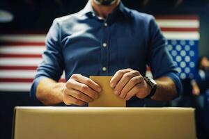 a man places a ballot in the ballot box. in the background is the US flag photo