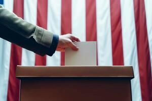 a man places a ballot in the ballot box. in the background is the US flag photo