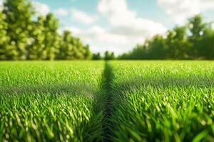 A lawn with 50 mown grass and 50 unmown grass is divided exactly down the middle. photo