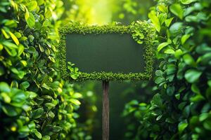 Green board in the middle of a green forest with sun rays photo