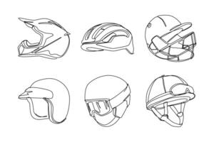 Set continuous one line drawing of sports helmet. Motocross, bicycle, cricket, motorcycle, ski, jockey helmet. Editable stroke. Graphic illustration vector