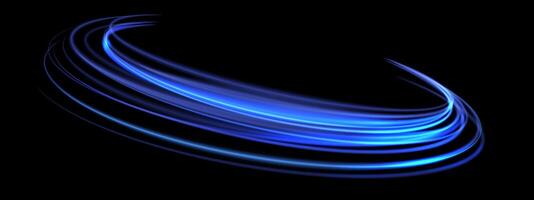 Abstract blue speed light lines neon ring glowing circle round movement on black background vector