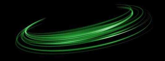 Abstract green speed light lines neon ring glowing circle round movement on black background vector