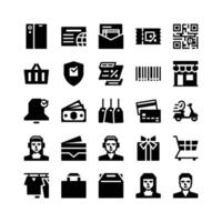 Glyph Icons Including Gadget, Website, Invoice, Voucer, Qr Code, Basket, Shield, Discount, Barcode, Store, Notification, Money, Tag, Credit Card, Delivery, Wallet, Customer service, Gift, Cart, Etc. vector