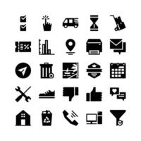 Glyph Icons Including Check, Click, Cargo, Time, Trolley, Coupon, Graph, Location, Print, Message, Send, Remove, Images, Badge, Calendar, Setting, Shoes, Dislike, Like, Chat, Home, Trash, Call, Etc. vector