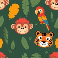 Seamless pattern of Jungle Animals with Monkey, Tiger, and Parrot vector