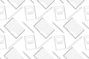 Monochrome illustration of a repeating pattern with notebooks and pencils. Perfect for coloring books and educational materials. vector