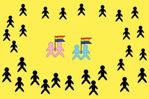 Two LGBTQ plus couples holding rainbow flags standing in a crowd of black silhouettes. A representation of pride, love, and inclusivity. vector